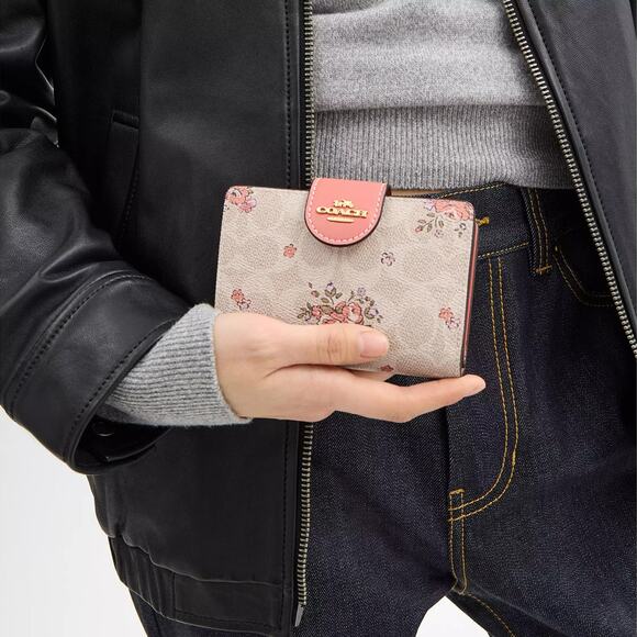 ❤️ Coach Medium Corner Zip Wallet In Signature Canvas With Floral Print - Picture 4 of 10